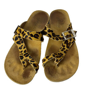 Yokono Sandals Sz 9.5 Cheetah Print Calf Hair Leather Adjustable Tan Cork Soles